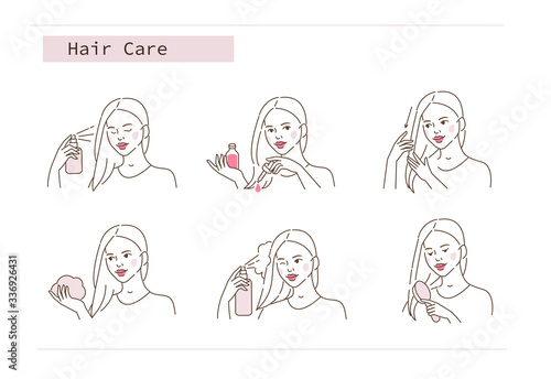 Beauty Girl Take Care of her Damaged Hair and Applying Treatment Products. Hair Oil, Lotion, Spray, and Foam.  Woman Making Haircare Procedures.  Flat Line Vector Illustration and Icons set.