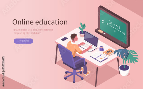 Student Learning Online at Home. Character Sitting at Desk, Looking at Laptop and Studying with  Smartphone, Books and Exercise Books. Online Education Concept. Flat Isometric Vector  Illustration.