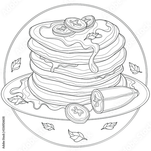 Delicious pancakes with banana, mint and honey.Coloring book antistress for children and adults. Illustration isolated on white background.Zen-tangle style. Black and white drawing