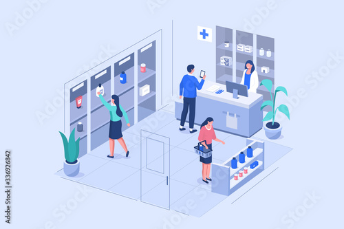 People Characters Buying in Pharmacy Store. Man Standing near Cashier Desk, Holding Medical Prescription, Talking with Doctor Pharmacist. Woman Choosing Products.  Flat Cartoon Vector Illustration. 