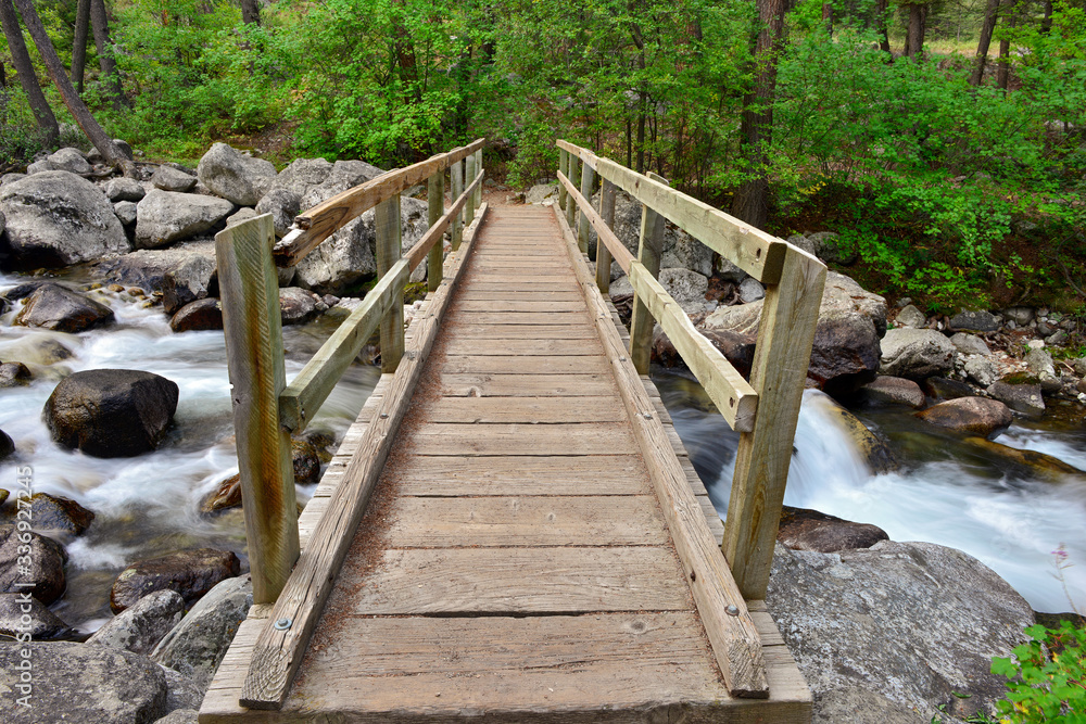 Fototapeta premium A footbridge crosses the creek at Woodbine Campground in the Custer Gallatin National Forest in Montana, USA