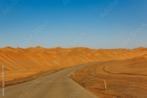 Road through the desert to the Moreeb dune in Liwa Oasis, Emirate of Abu Dhabi, UAE