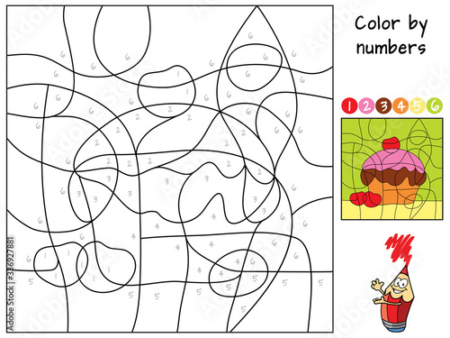 Cake. Color by numbers. Coloring book. Educational puzzle game for children. Cartoon vector illustration