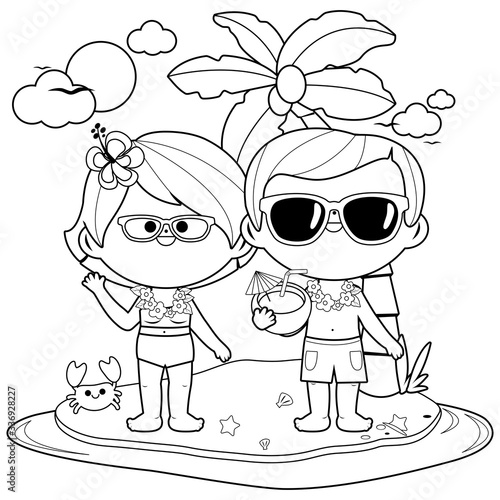 Senior couple on a summer island vacation. Vector black and white coloring page