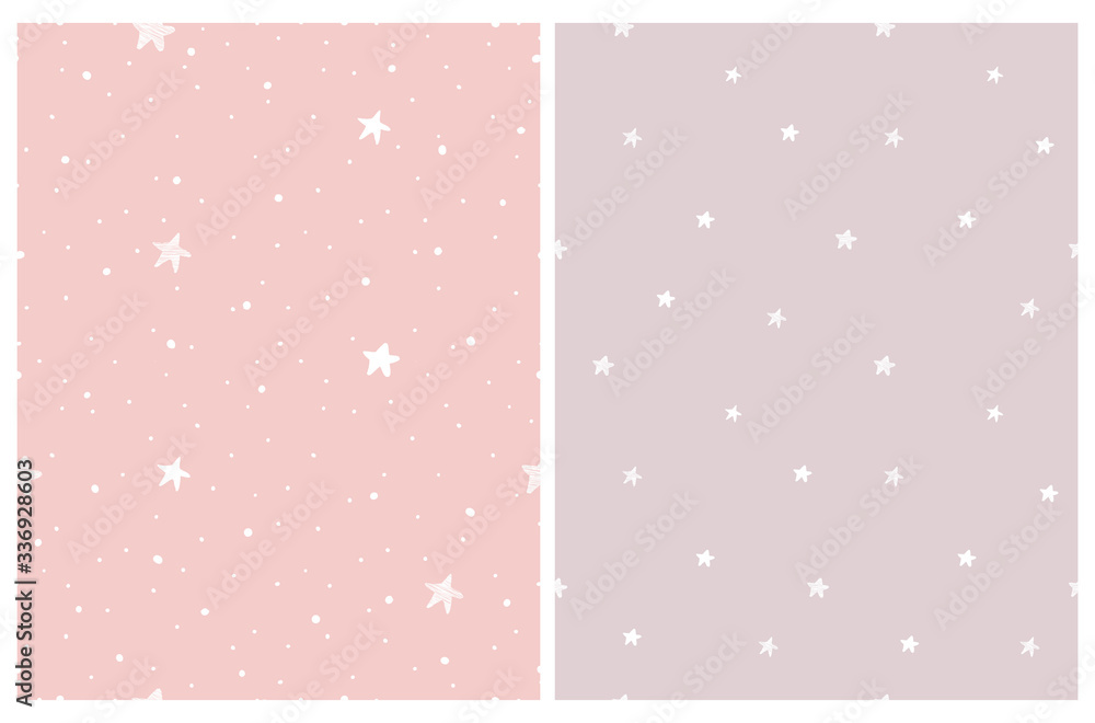 Tiny Stars Vector Patterns. Irregular Hand Drawn Simple Starry Sky Print for Fabric, Textile, Wrapping Paper. Infantile Style Galaxy Design.Little Stars Isolated on a Various Pastel Pink Backgrounds.  - obrazy, fototapety, plakaty 