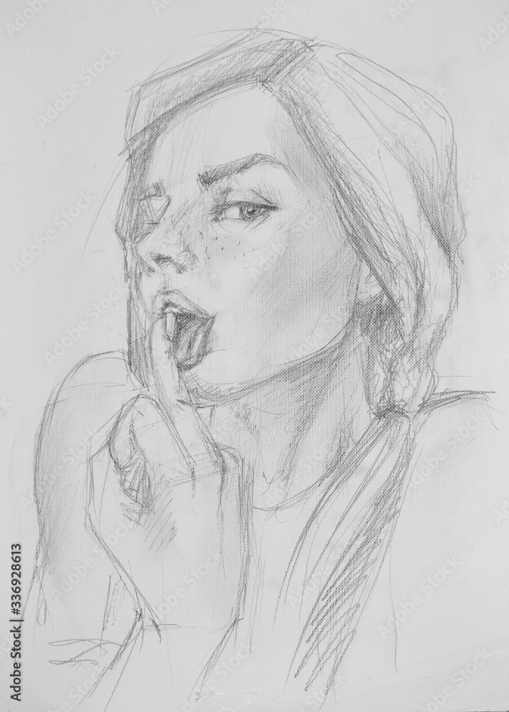 Sketch drawing sketch of a girl showing the middle finger and licking it. Sketch drawing sketch of a girl showing the middle finger and licking it.