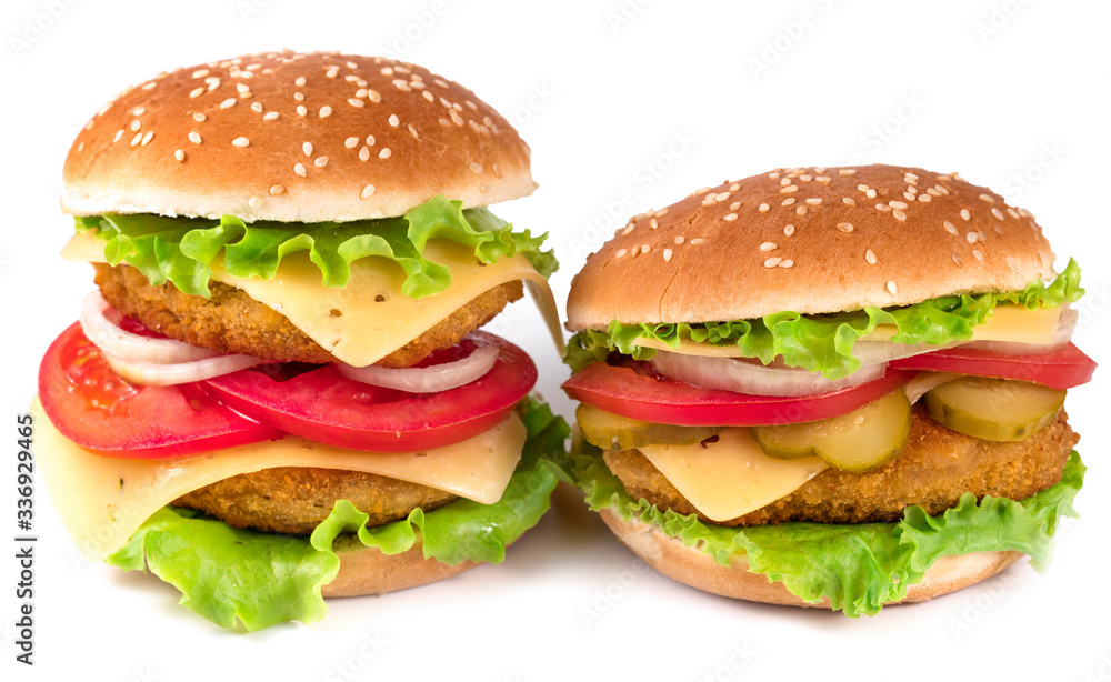 Two delicious hamburgers isolated on white background Two delicious hamburgers isolated on white background