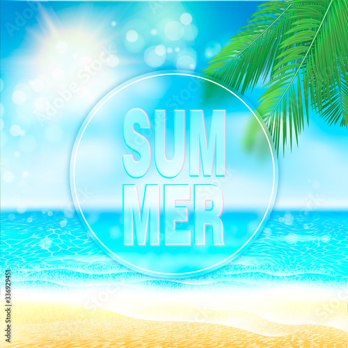 Summer Background. Nature green palm leaf on Tropical beach with yellow sand, blue ocean and sky. Bokeh sun light wawe. Vacation or paradise business travel concept. Waves and sunlight.