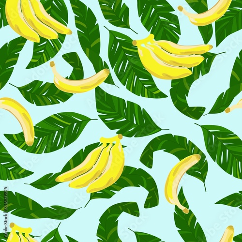 Tropical trendy seamless pattern with exotic palm leaves anda sweet yellow banana. Prinnt for fabric, web and paper. photo