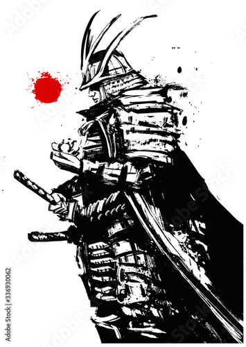 A thoughtful samurai in armor and helmet, with a Lotus flower in his hand, stands in profile against the red sun. 2D illustration