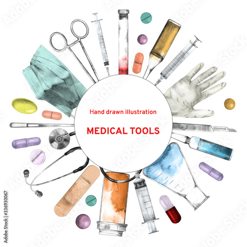 Round template with medical tools.
