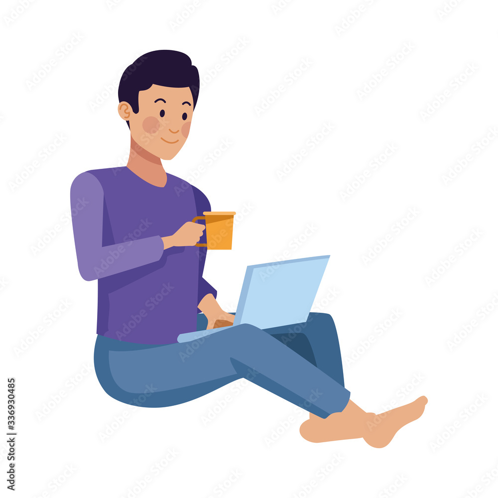 young man using laptop and drink coffee young man using laptop and drink coffee