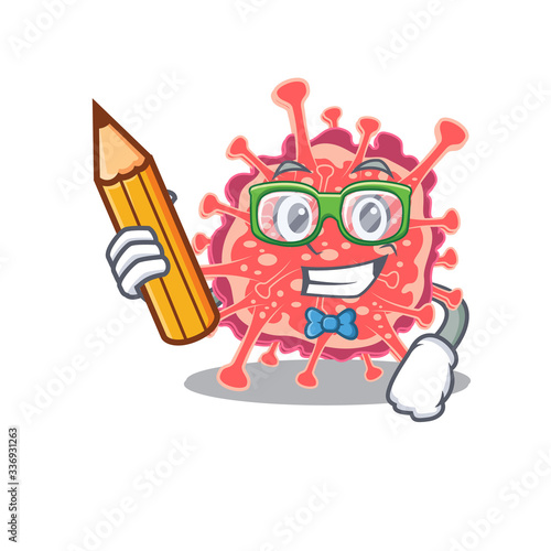 A brainy student polyploviricotina cartoon character with pencil and glasses