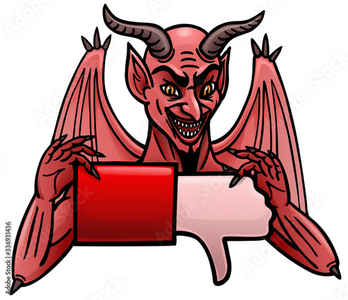 A cartoon demon holds out a dislike icon.