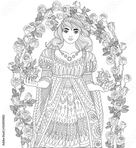 Coloring book for adults with beautiful medieval magician wearing a historical outfit