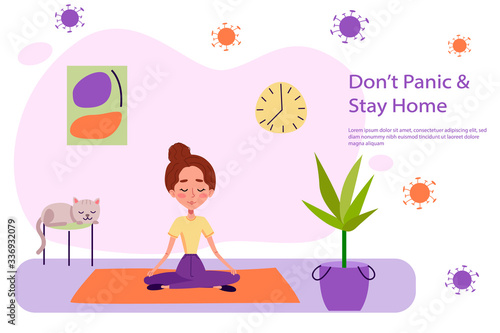 Girls is keeping calm and doing yoga near cat and plant on yoga carpet. Woman is staying at home on quarantine. Cartoon vector illustration for web designers.