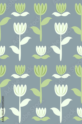 Seamless pattern of tulips and little flowers. Spring illustration in retro folk style. Stock vector ornament for web  print  backgrounds  wallpaper  scrapbooking  wrapping paper and textile