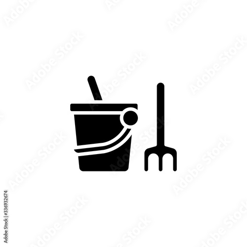 Sand Bucket and shovel flat icon. kid toys tools symbol, pail shovel label, sandbox place sign badge ribbon. - Vector