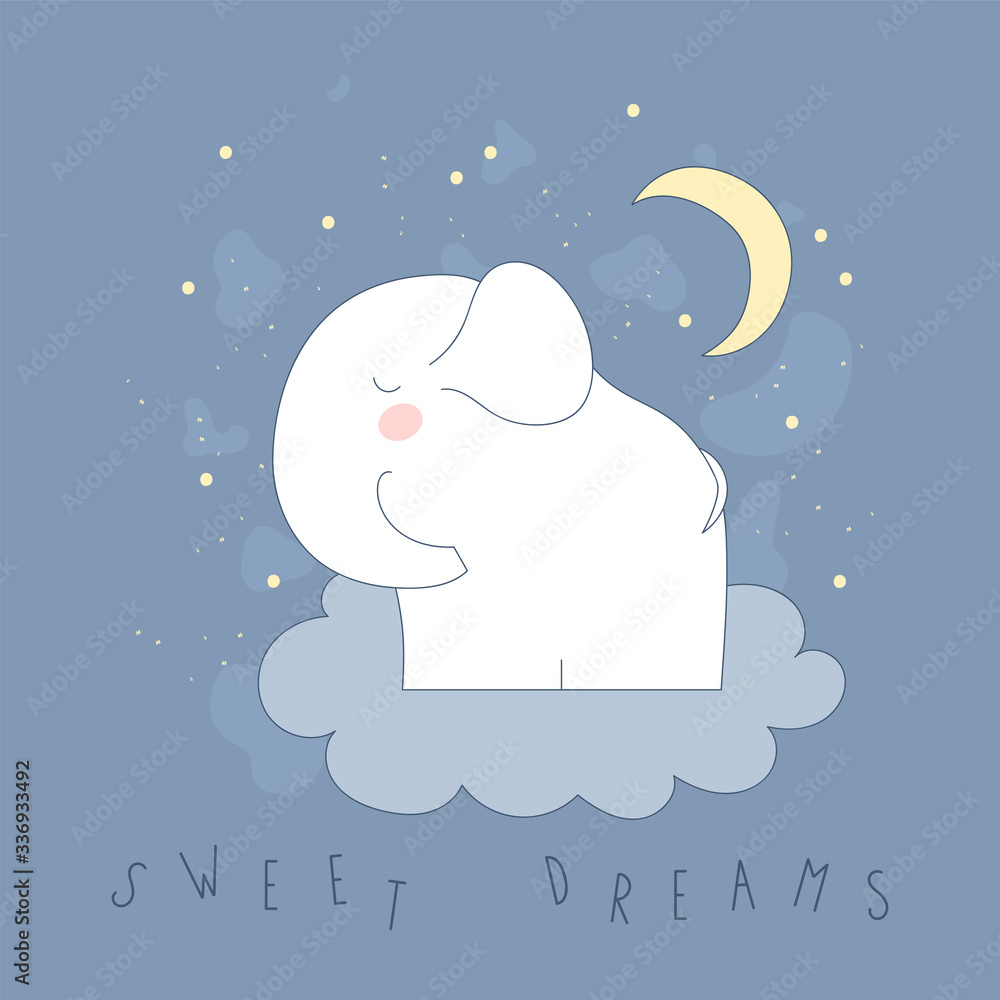 Sweet dreams-cute elephant stands on a cloud. Drawn white elephant on a blue background. Vector illustration. Sweet dreams-cute elephant stands on a cloud. Drawn white elephant on a blue background. Vector illustration.