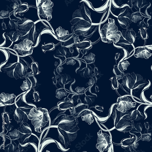 Tulips. Seamless pattern. Spring flowers. Decorative composition of plants. Use printed materials, signs, objects, websites, maps, posters, postcards, packaging.The drawing is black and white.