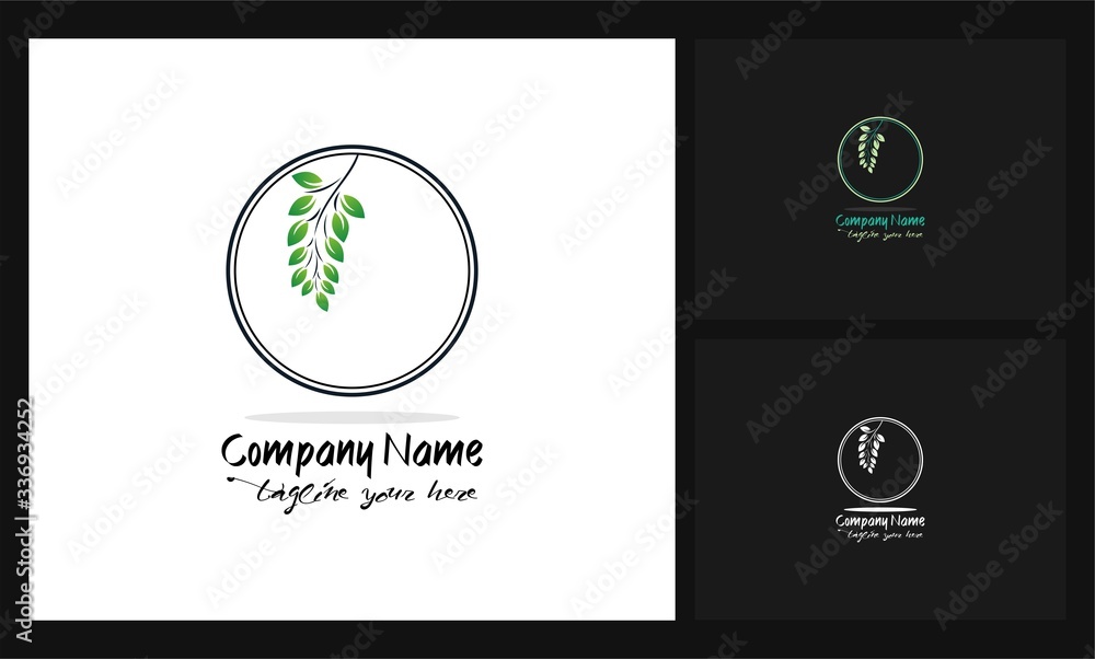 round frame green leaf concept design beauty logo