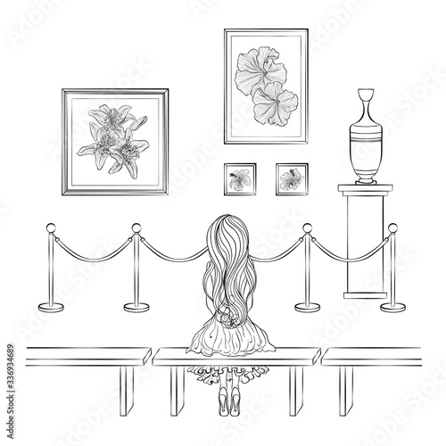 Exhibition visitor viewing paintings at art gallery. Girl in the museum sits on a bench. Creative artworks for exhibition. Line art vector illustration isolated on white background
