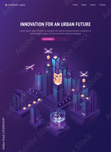Innovation for urban future isometric landing page. Autonomous shipping technology. Vector isometric illustration of smart city with drone delivery cardboard boxes, remote robot control