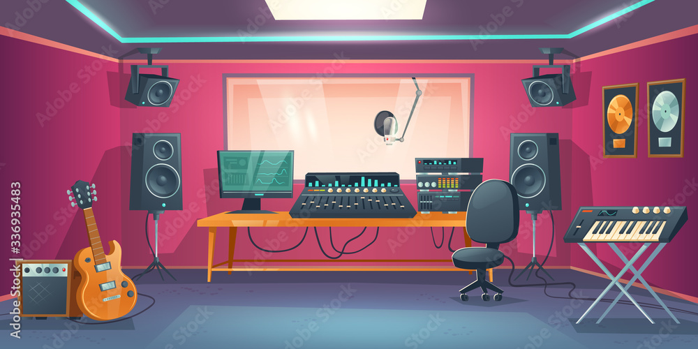 Music studio control room and singer booth behind glass. Vector cartoon ...