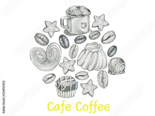 Sketch pencil line Icons of Americano coffee beans cinnamon drink chocolate bars star cookies Illustrations design for restaurant, cafe, bar, coffeehouse, coffee shop © HoyaBouquet