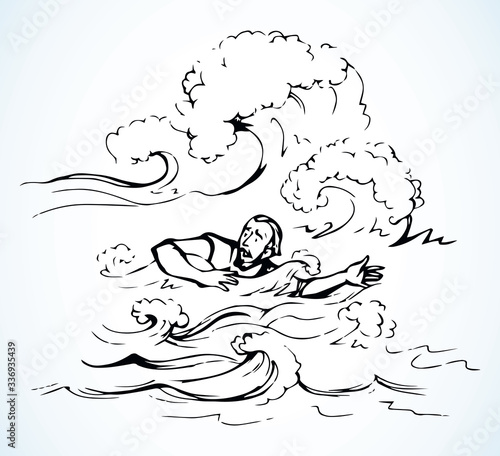 Man swims through the waves of the storm. Vector drawing