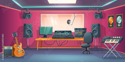Music studio control room and singer booth behind glass. Vector cartoon interior with sound recording tools, guitar and synthesizer, audio mixer and microphone. Professional music workstation