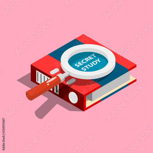 Red folder with classified materials for study. Can be used for web banner, in presentations and projects. Flat isometric vector illustration isolated on white background in bright colors Education.
