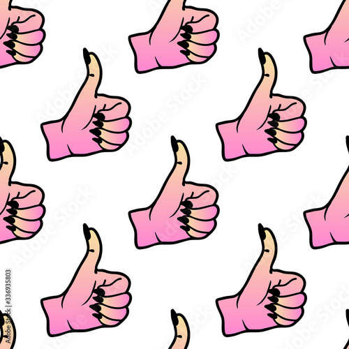 Thumbs up gesture female hands seamless pattern. Approval or "like" expression sign vector wallpaper.	White background. 