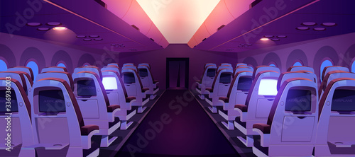 Airplane cabin with seats and screens inside rear view. Dark economy class plane empty interior with chairs and folding tables rows, aircraft salon armchairs for jet trip. Cartoon vector illustration