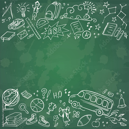 Back to School banner. Doodles icons of education, science objects, office supplies and lettering Back to School on green chalkboard. Vector illustration.