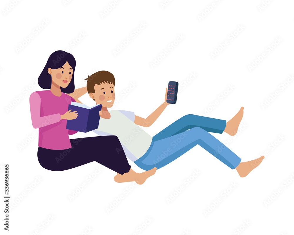 couple using smartphone and reading book