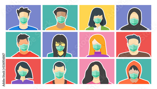 Avatar of Young Man Woman Boy Girl Use Wear Face Mask or Surgical Masker. Effort to Reduce Decrease Slowdown Stop Coronavirus COVID-19 Pandemic Spread. Preventive Movement and Flatten the Curve.  