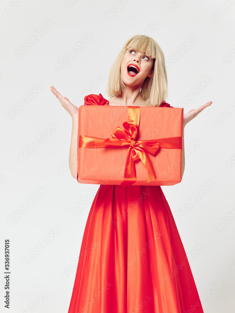 Woman red dress gift box blonde