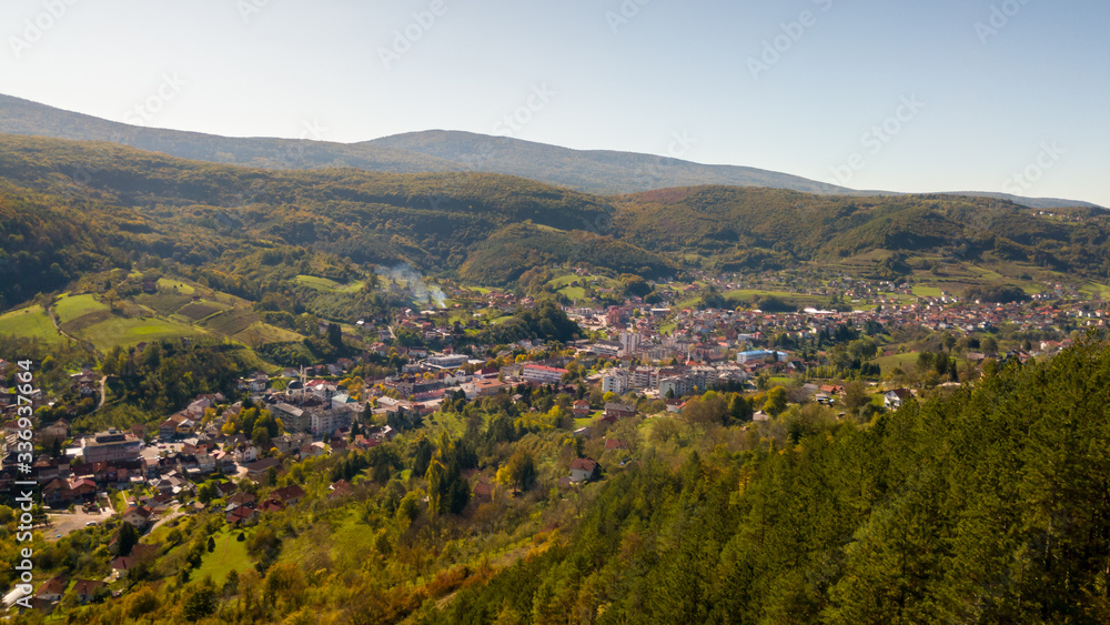 View from the old town of Ključ, located on Mount Breščici, on the modern settlement of Ključ and the Šiša and Grmeč mountains in the distance.