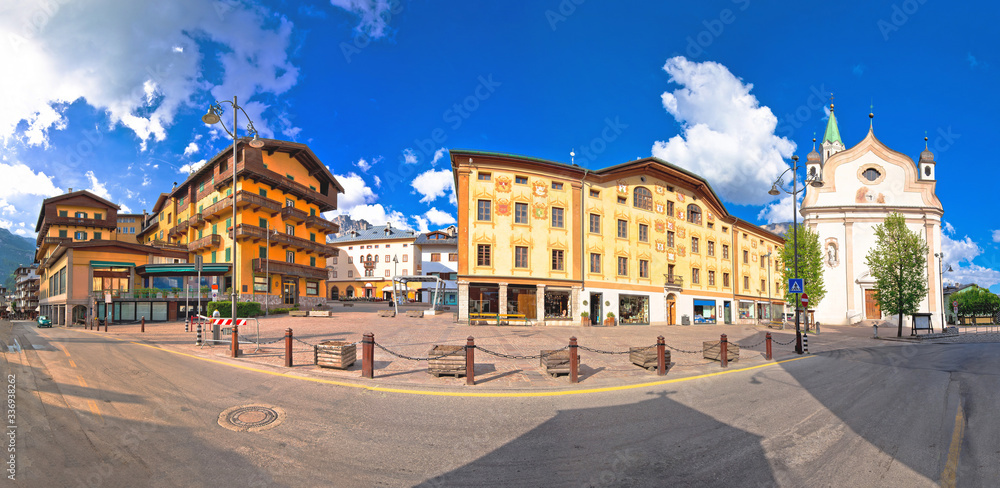 Cortina d' Ampezzo main square architecture and church panoramic view