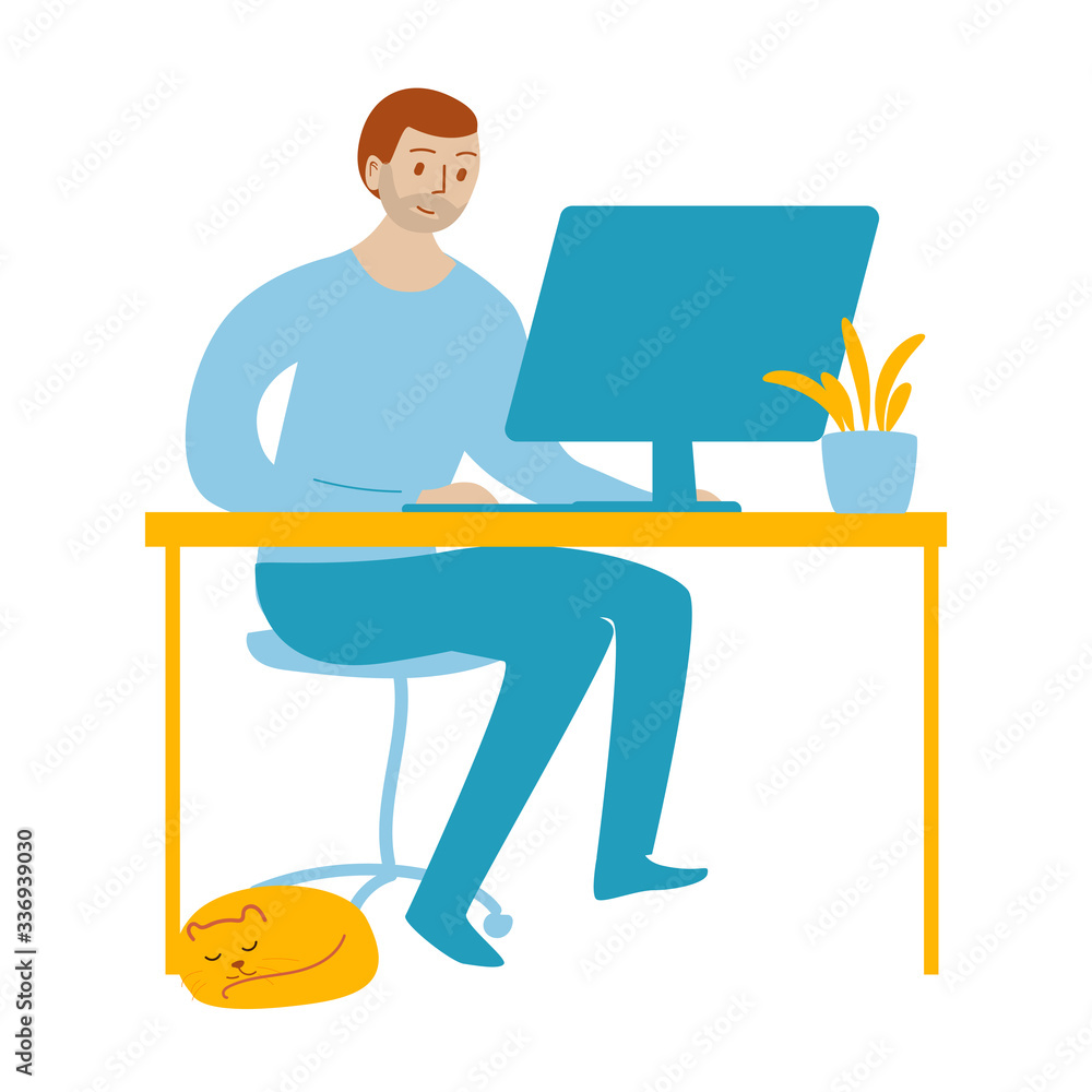 Man jobs on computer. Stay at home. Work from home during quarantine social distancing period of pandemic corona virus or covid-19.