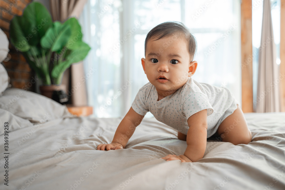 asian baby learn to crawl on the bed. crawling development milestone asian baby learn to crawl on the bed. crawling development milestone
