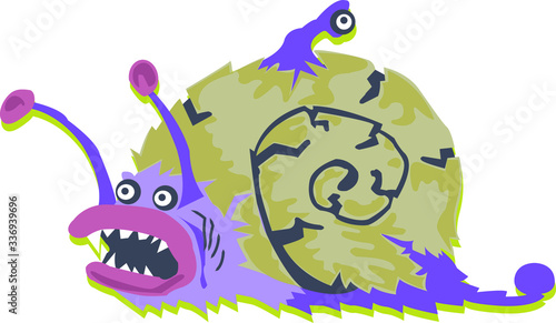 Terrible cartoon purple snail monster. Full color vector illustration for fun design.