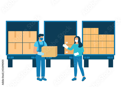 Loader carries boxes of goods, unloading or loading cargo truck. Handing over goods, humanitarian aid. Wholesale work in logistics, delivery, shipping. Boxes of goods for import and export. Vector