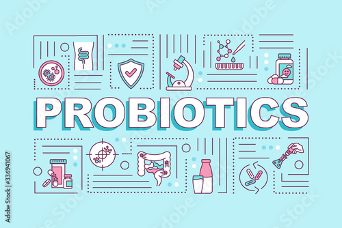 Probiotics word concepts banner. Vitamin supplement for healthy diet. Infographics with linear icons on turquoise background. Isolated typography. Vector outline RGB color illustration