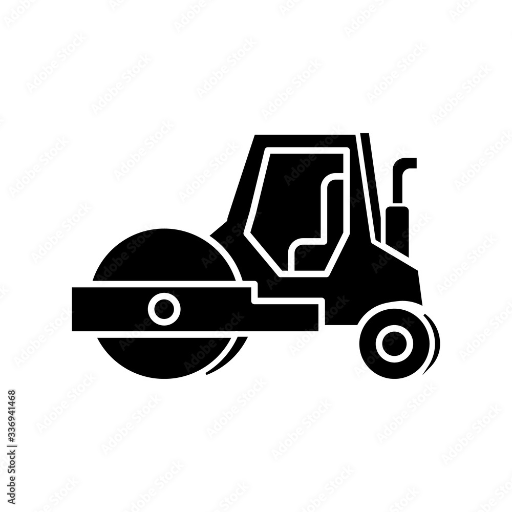 Road roller black glyph icon. Compactor type vehicle for construction works. Roadworks transportation. Heavy machinery for paving. Silhouette symbol on white space. Vector isolated illustration