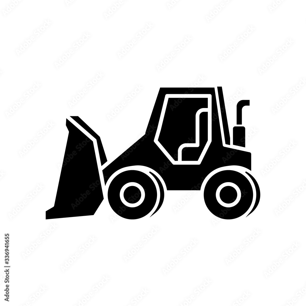 Bulldozer black glyph icon. Road works industrial truck. Dozer for ground loading. Excavator for construction. Agricultural transport. Silhouette symbol on white space. Vector isolated illustration Bulldozer black glyph icon. Road works industrial truck. Dozer for ground loading. Excavator for construction. Agricultural transport. Silhouette symbol on white space. Vector isolated illustration