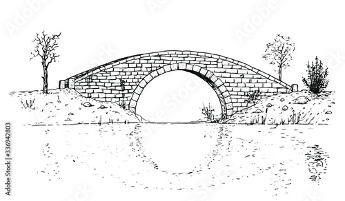 Drawing of classic stone bridge - black and white illustration