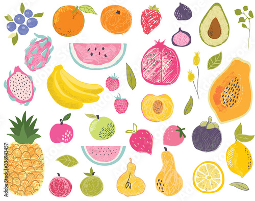 Fototapeta Naklejka Na Ścianę i Meble -  Set of exotic fruits in modern vector hand drawn scandinavian style,summer symbol, fruit salad.Doodle textured cute fruits, pineapple,apple,watermelon,mango,fig,lemon,strawberry,avocado,papaya