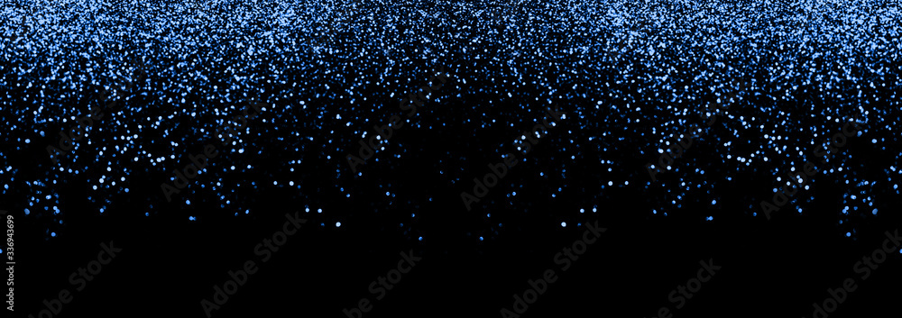 Abstract blue defocused glitter holiday panorama background on black. Falling shiny sparkles. New year Christmas glowing backdrop - obrazy, fototapety, plakaty 